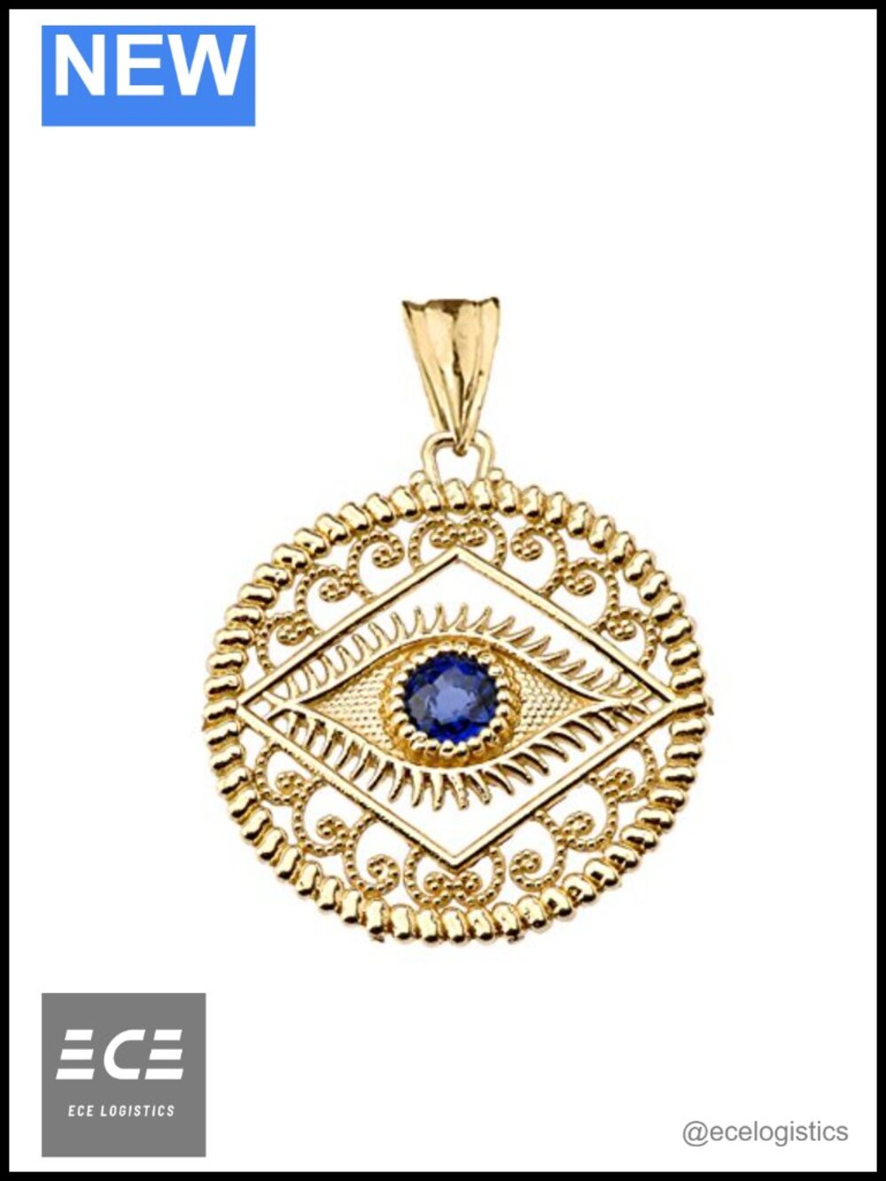 14k Yellow Gold Evil Eye Filigree Charm Pendant with Blue Center Stone
